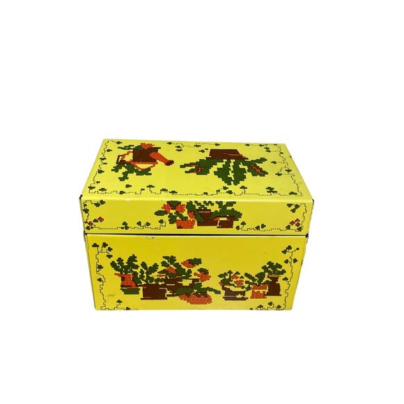 Vintage Bright Yellow Pixelated Floral Metal Recipe Box - Syndicate MFG Co - 60s - Picture 5 of 7